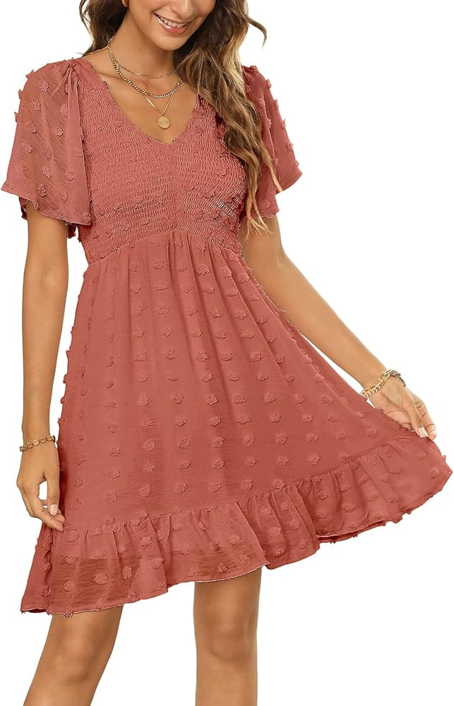 Zattcas Womens 2025 Summer Smocked Dress Short Flutter Sleeve V Neck Swiss Dot Babydoll Ruffle Ti... | Amazon (US)