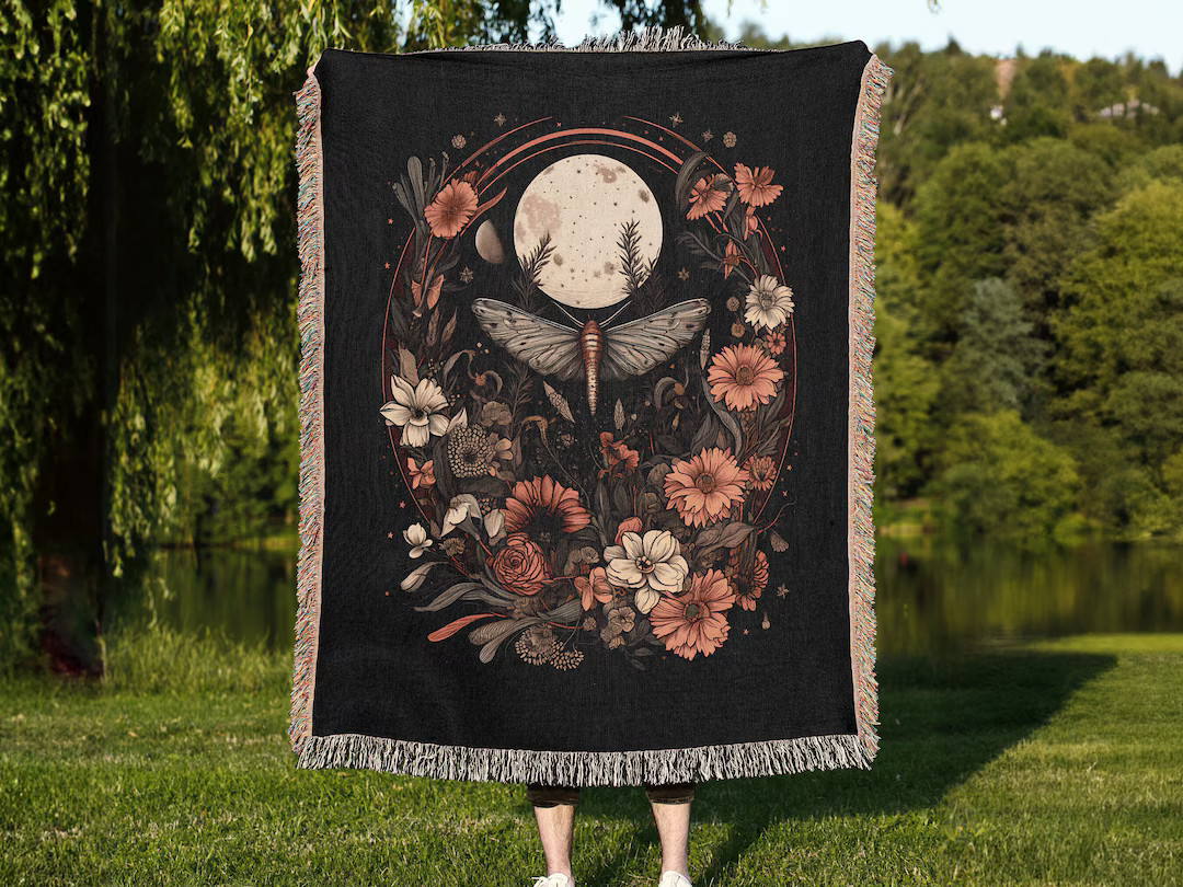 Moth Blanket, Cottagecore Bedding, Woven Throw Blanket, Dark Academia Throw, Grandma Blanket, Lun... | Etsy (US)