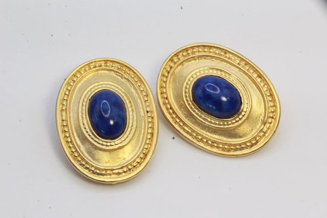 Couture Blue Lapis Glass Cab Matte Gold Etruscan Style Clip Earrings | Etsy (CAD)
