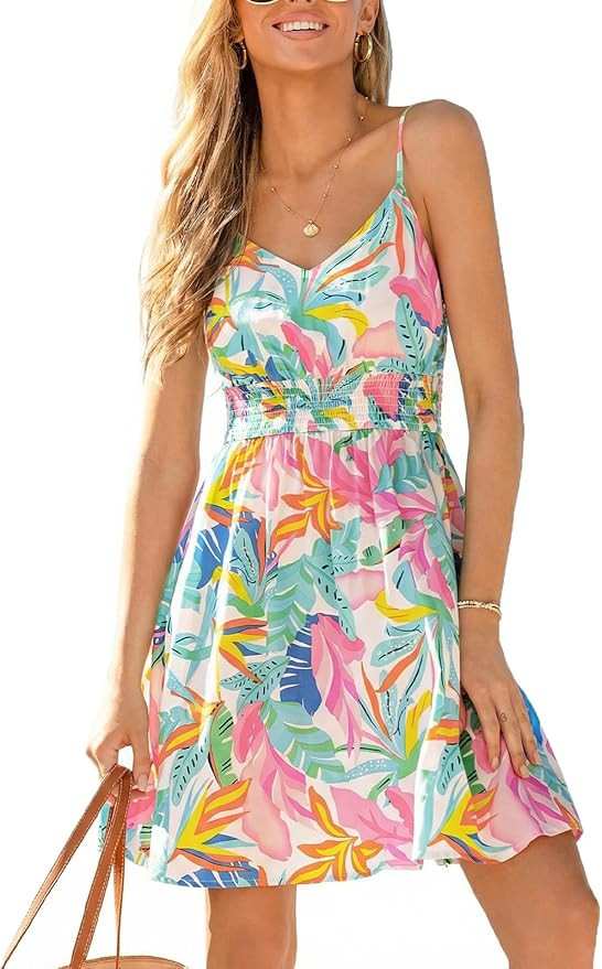 CUPSHE Women's Tropical Floral Mini Sundress Spaghetti Strap V Neck Flowy Smocked Dress Boho Summ... | Amazon (US)