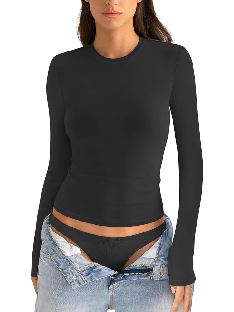 Womens Cotton Long Sleeve Shirts Crew Neck Slim Fit Basic Going Out Crop Outfits for Spring Fall ... | Amazon (US)