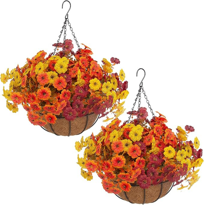 Hananona 2 Set Artificial Outdoor Fall Flowers with Hanging Basket, 2 Hanging Planters with 24 Pc... | Amazon (US)