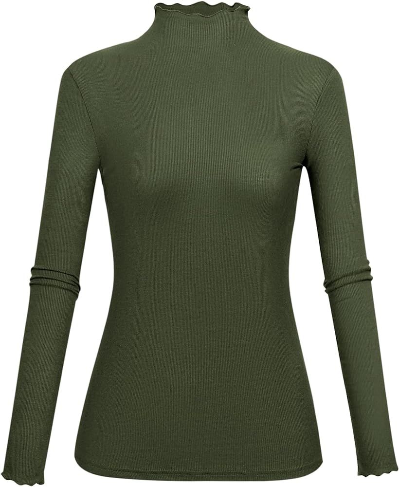 Lightweight Ruffle Mock Neck Tops Ribbed Lettuce Trim Soft Base Layer for Women | Amazon (US)