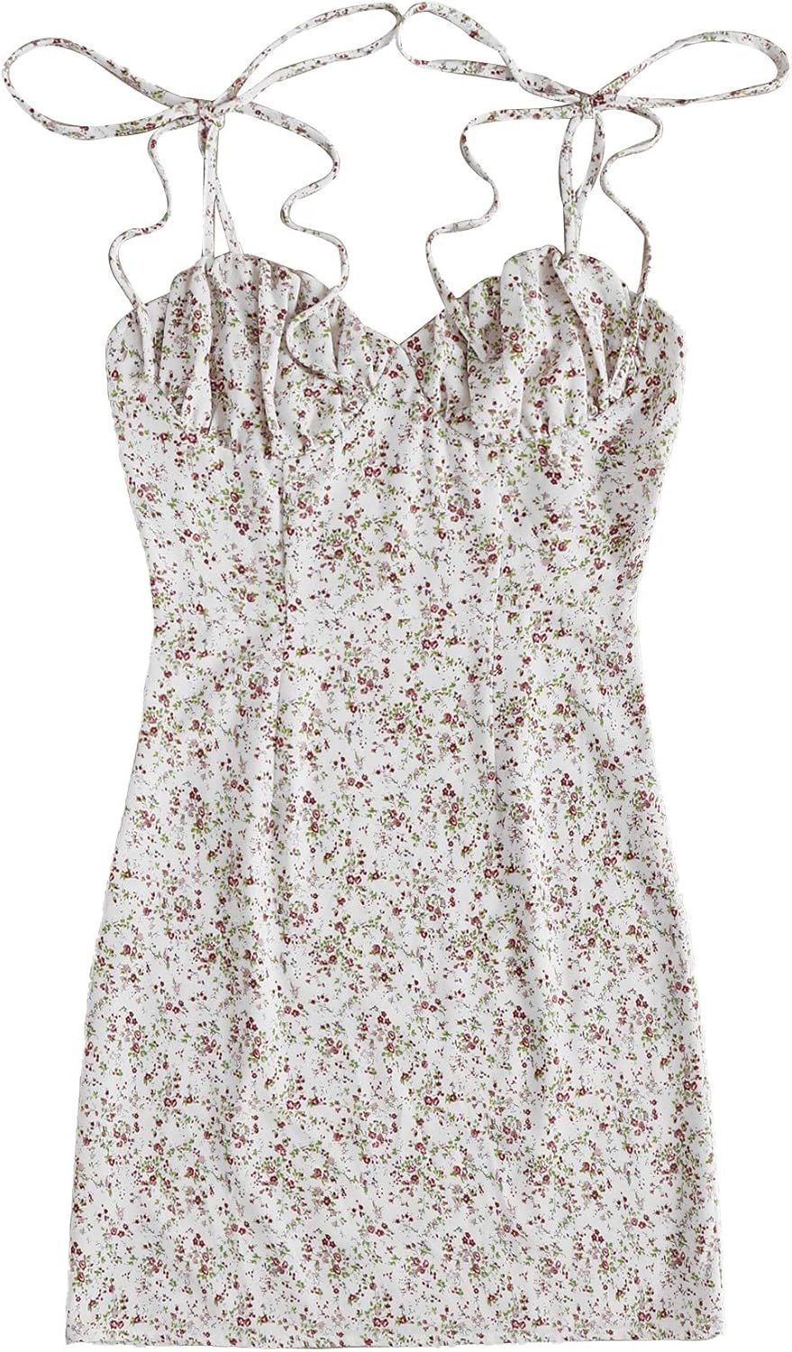 Floerns Women's Summer Tie Strap Ditsy Floral A Line Cami Dress White S | Amazon (US)