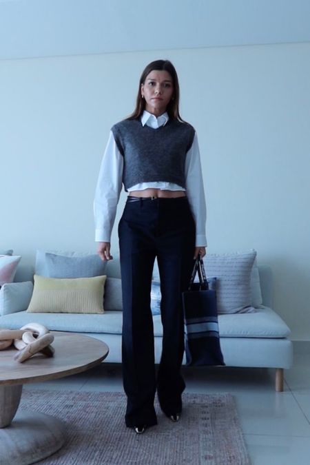 Office style with a fashion elements , cropped shirt, knitted west, pinstripe trousers, work outfit 

#LTKworkwear