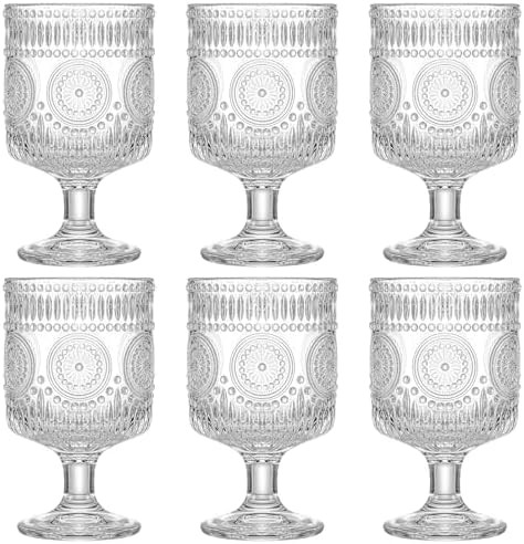 Vintage Goblet Glasses of 6, 8 oz Wine Glasses, Embossed Floral Glass Cups Set, Clear Drink Glass... | Amazon (US)