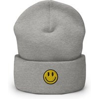 Smiley Face Embroidered Beanie, Handmade Cuffed Knit Unisex Slouchy Adult Winter Hat Cap Gift | Etsy (US)