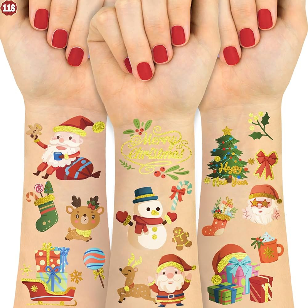 118 PCS Glitter Temporary Tattoos for Kids, Christmas Style Fake Tattoo, Stickers Pattern with Sa... | Amazon (US)