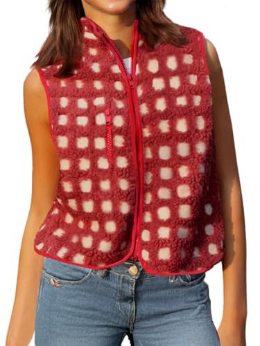 MAYZIA Women's Checkered Polar Fleece Vest Sleeveless Cardigan High Collared Zip Up Winter Top Red Sherpa Warm Outfit (Red, Medium) | Amazon (US)