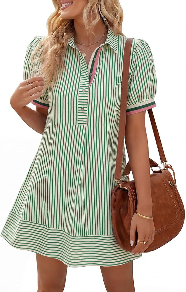 Wenrine Womens Summer Striped Mini Dresses Puff Short Sleeve Loose Fit Casual Button Collared Shi... | Amazon (US)