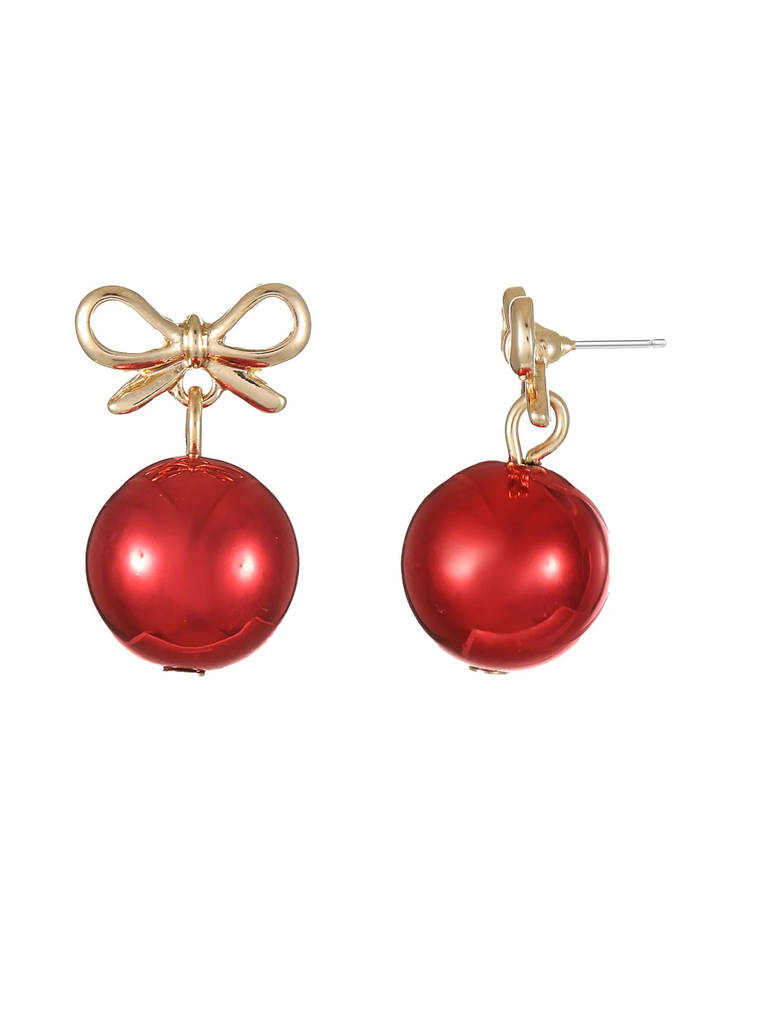 Holiday Time Goldtone Christmas Ball Earring, Red, 1 Pair | Walmart (US)