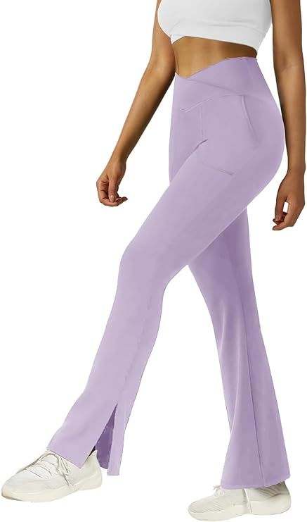 FARUNGS Womens Crossover Flare Yoga Pants High Waisted Split Hem Flare Leggings with Pockets Boot... | Amazon (US)