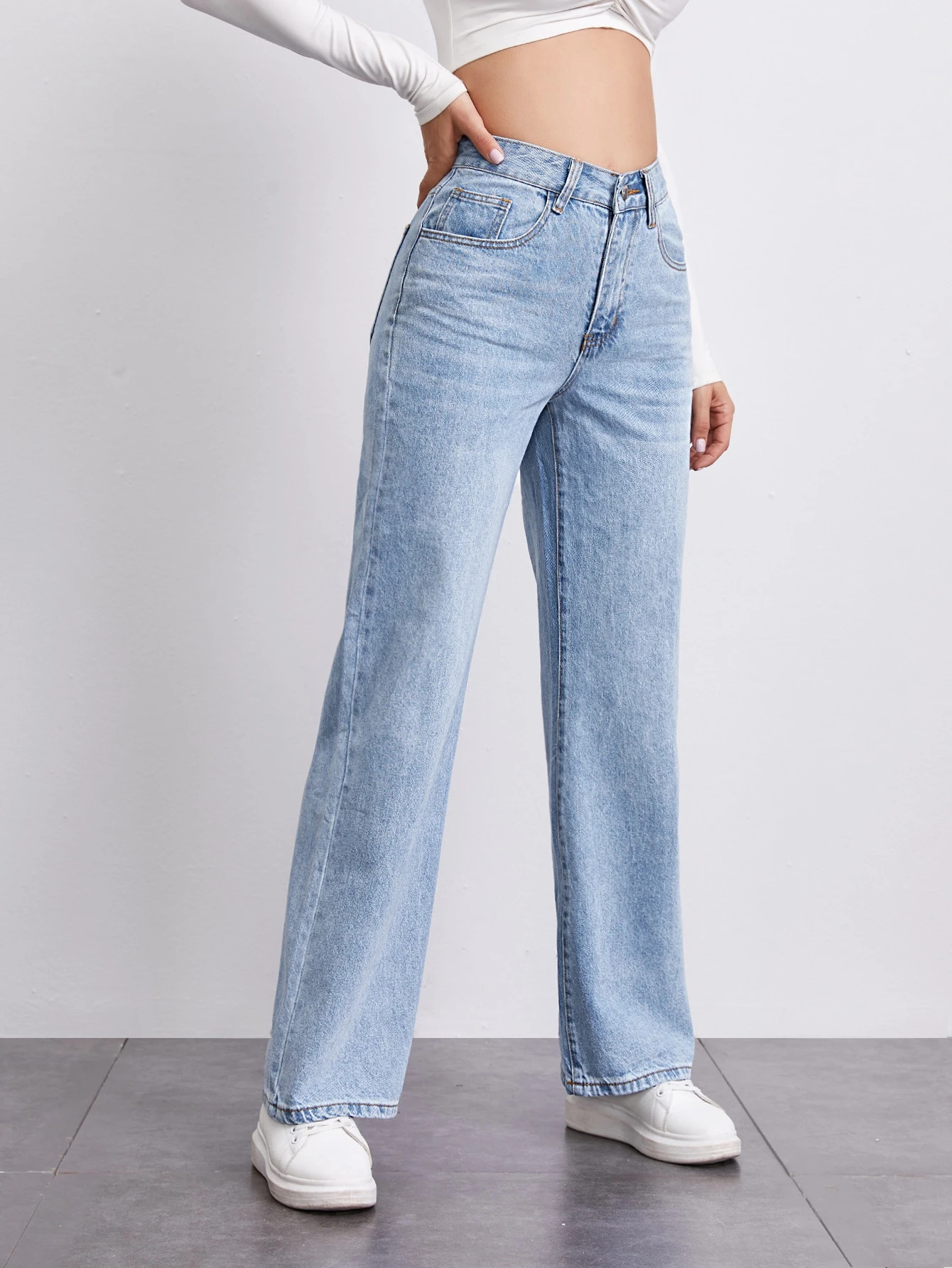 SHEIN BASICS Stone Wash Middle-Waisted Straight Jeans | SHEIN