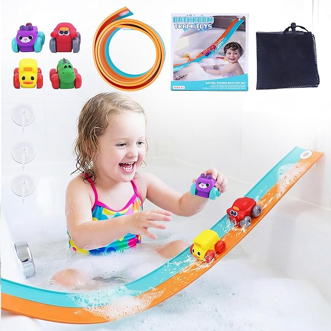 Resosese Race Car Bath Toys Set, 8-Piece Extra Long Flexible Bathtub Track Set with 4 Mini Cars, ... | Amazon (US)
