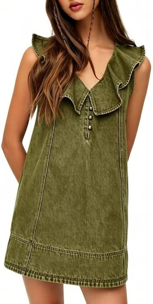 CHARTOU Women Summer Denim Mini Dress Casual Loose Ruffle Collar Sleeveless Buttons Shift Jean Dr... | Amazon (US)