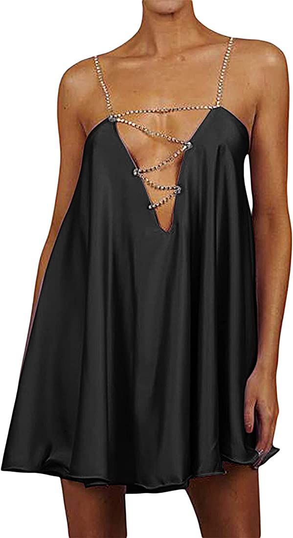 Kleidungly Women's Short Satin Dress A Line Shiny Rhinestone Chain Sexy Deep V-Neck Backless Mini... | Amazon (US)