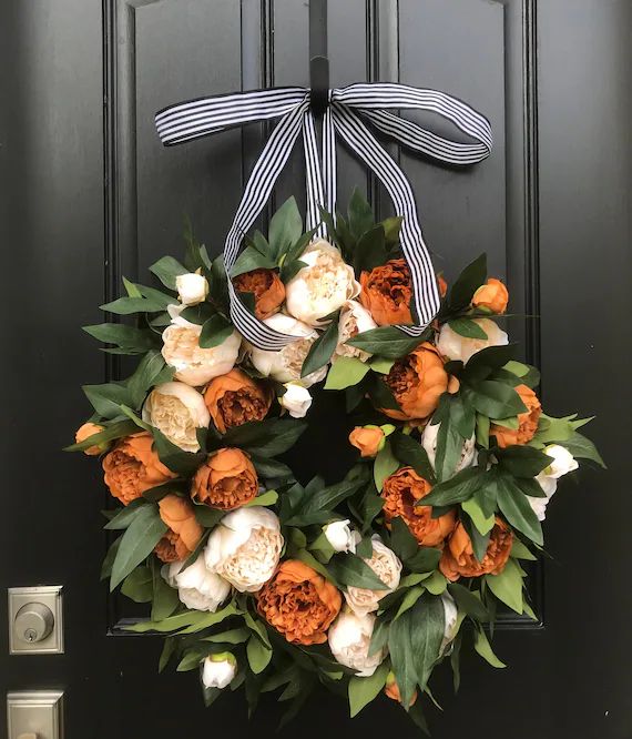 Fall Front Door Wreaths, Coffee and Cream Premium Peony Wreath, Black and White Ribbon for Wreath | Etsy (US)