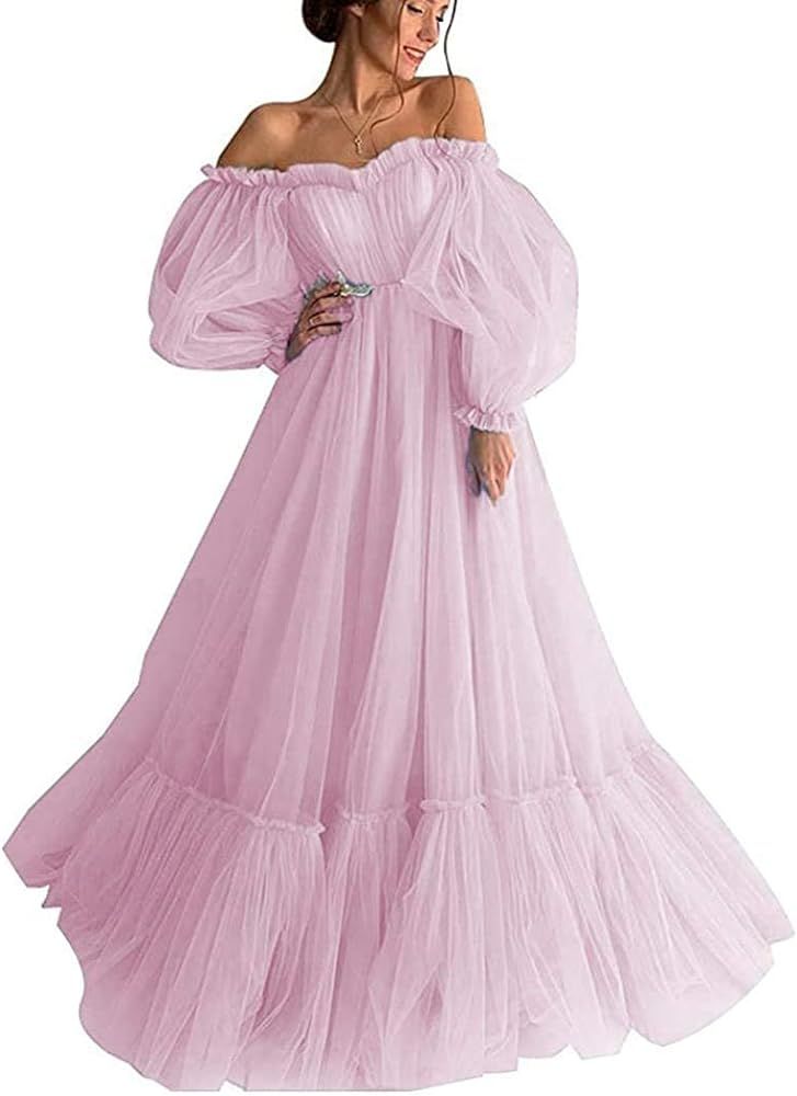Long Puffy Sleeve Tulle Prom Dress Sweetheart Off Shoulder Puffy Court of Honor Dress A Line for ... | Amazon (US)