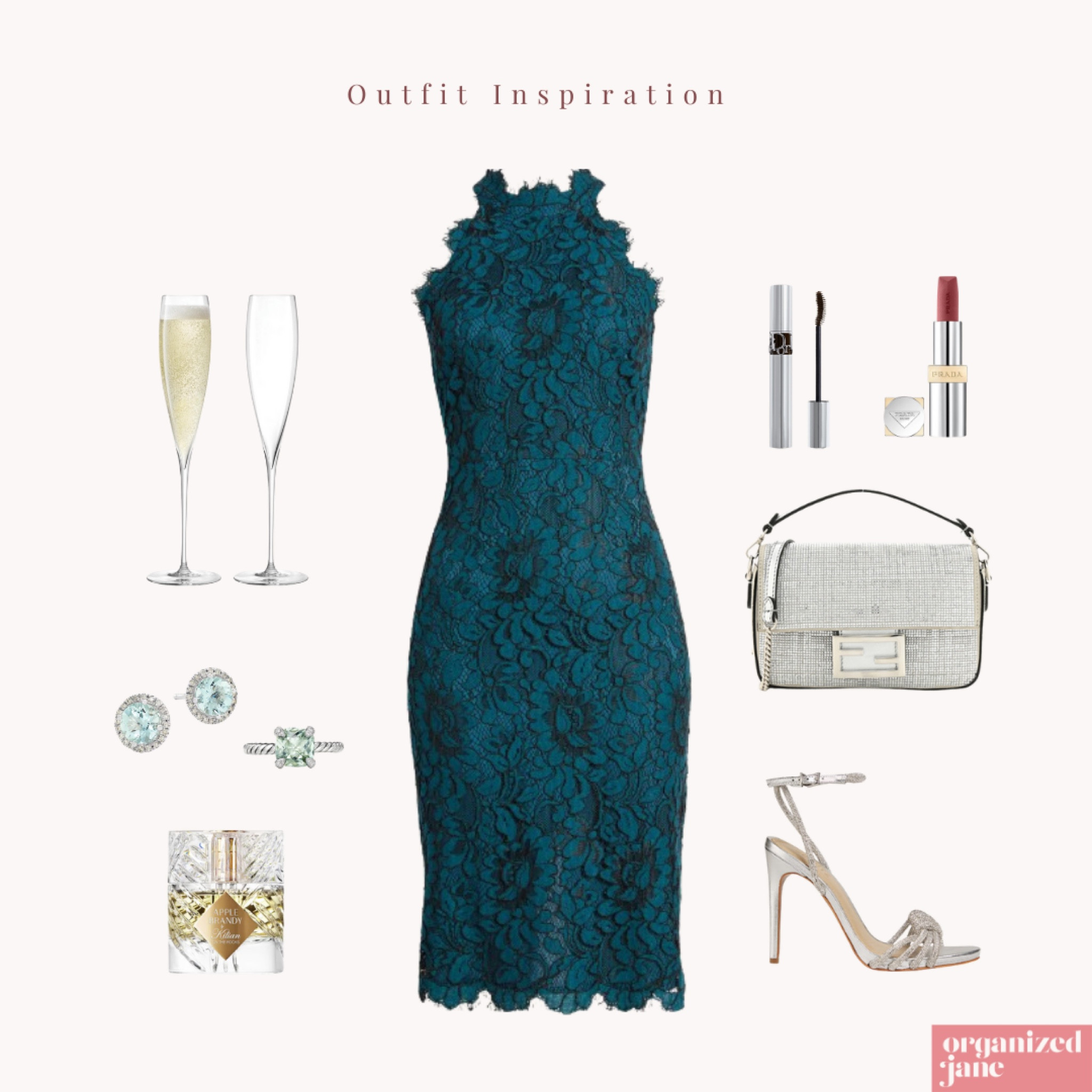 Radiate elegance in this stunning emerald evening outfit! 💚 A captivating teal lace dress sets the mood for a glamorous night out. Enhance with a luxurious fragrance and a deep berry lip for that extra touch of sophistication. ✨🥂 #EveningGlam #TealDress #StyleInspiration #OrganizedJane