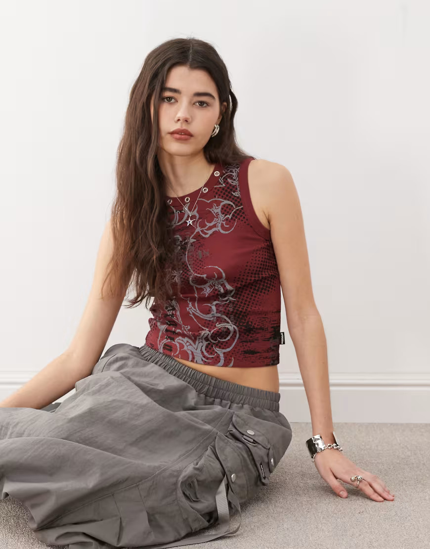 Minga London lost grunge print tank top with grommets in red | ASOS (Global)