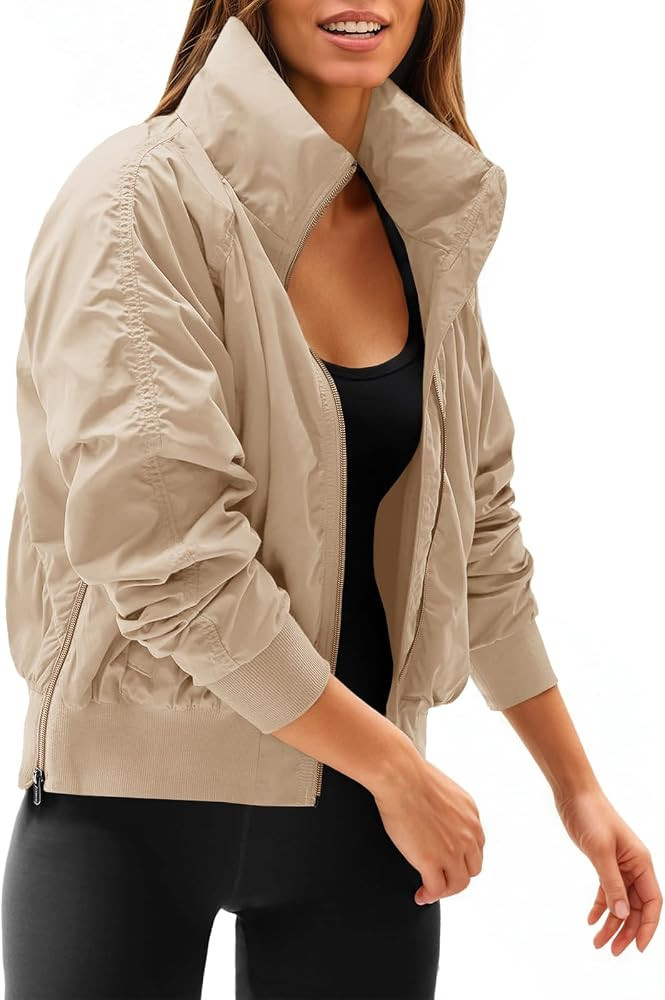 Fisoew Womens Windbreaker Crop Jackets Long Sleeve Zip Up Hidden Hooded Winter Bomber Jacket with... | Amazon (US)