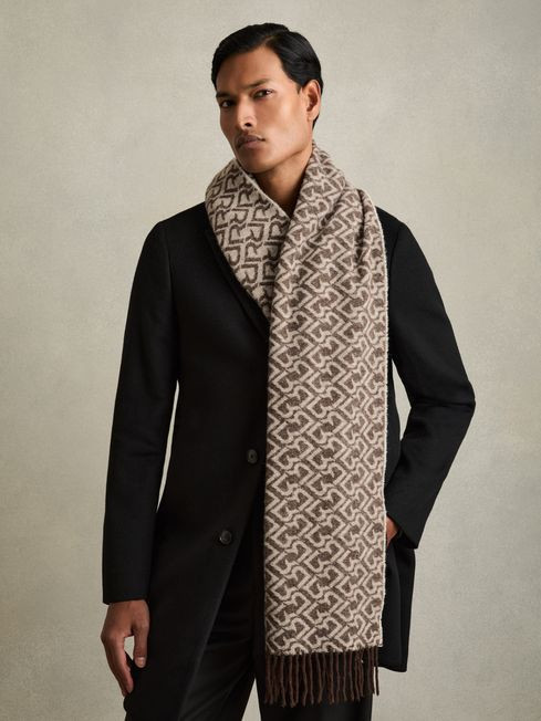 Logo-Jacquard Scarf With Wool in Dark Brown/ Off White | Reiss US