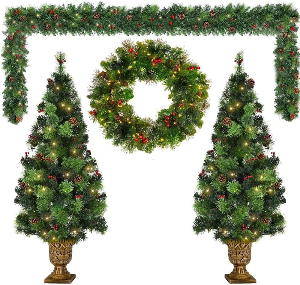 Hooseng 4-Piece Christmas Decoration Set, Pre-lit 9FT Artificial Holiday Garland, Wreath and 4FT ... | Amazon (US)