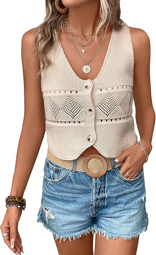 Verdusa Women's Button Front V Neck Sleeveless Knitted Crop Sweater Vest | Amazon (US)