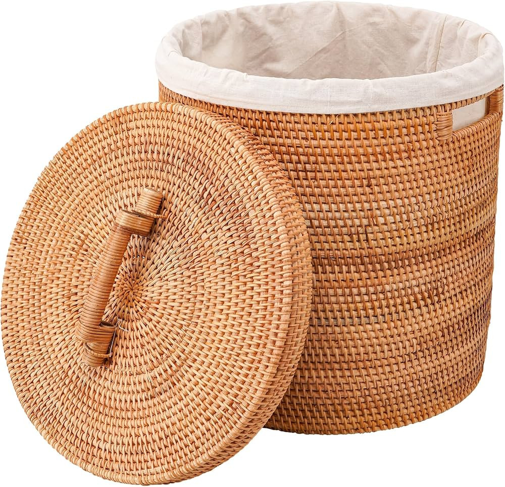 LALASUN Rattan Laundry Hamper With Lid, 50L Rattan Laundry Basket With Removable Liner Bag, Round... | Amazon (US)