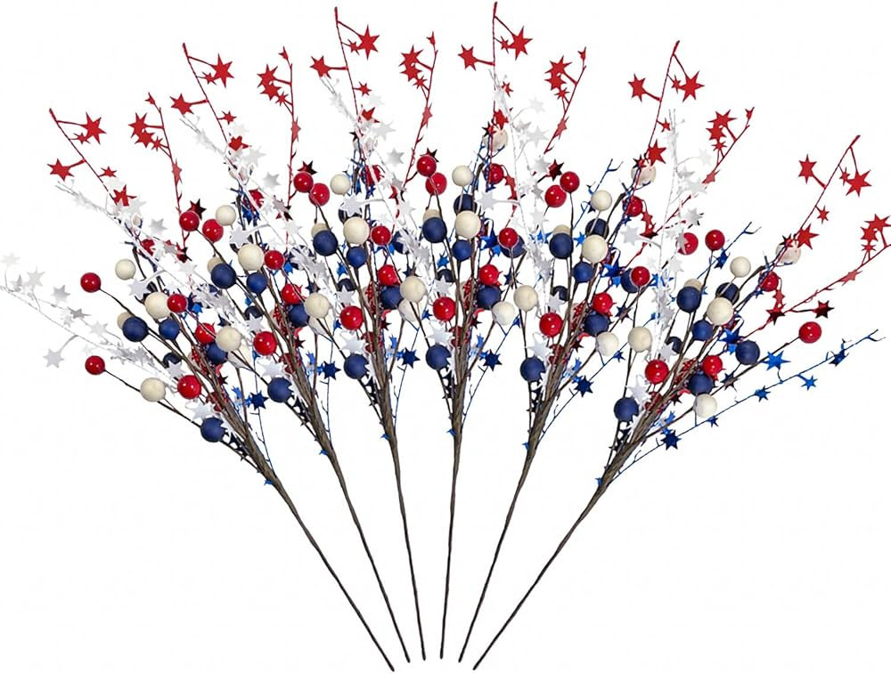 WangLaap 6Pcs National Day Artificial Berry Stems Red Blue White Berries Picks for 4th of July In... | Amazon (US)
