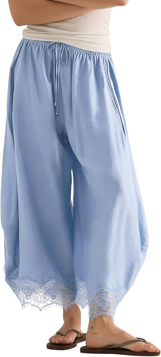 Women's Cropped Lace-Hem Pants High Waisted Drawstring Wide Leg Pants Casual Lightweight Trousers... | Amazon (US)