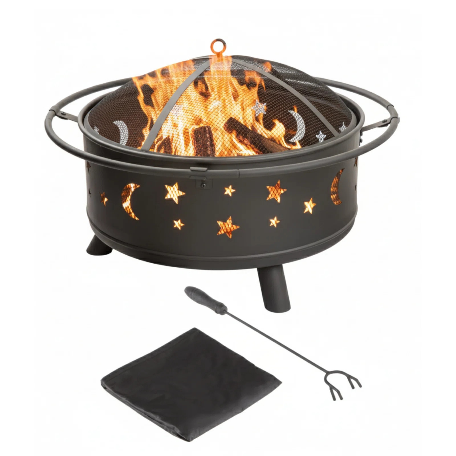 Dyess Fire Pit - 32-Inch Outdoor Wood Burning Firepit with Screen, Poker, and Cover - Outdoor Fir... | Wayfair North America