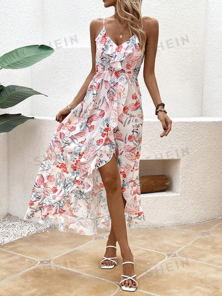 SHEIN VCAY Floral Print Ruffles Trim High Slit Cami Dress | SHEIN