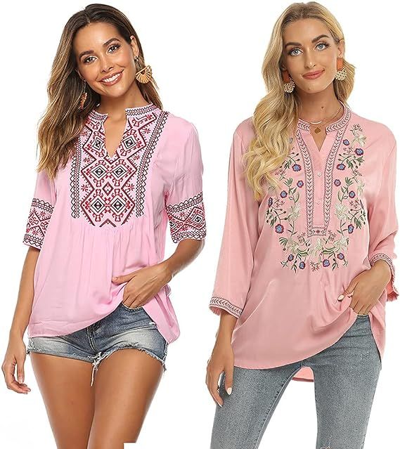 LauraKlein Embroidered Boho Top pink Shirts 3/4 sleeve boho clothing V NECK mexican peasant blous... | Amazon (US)