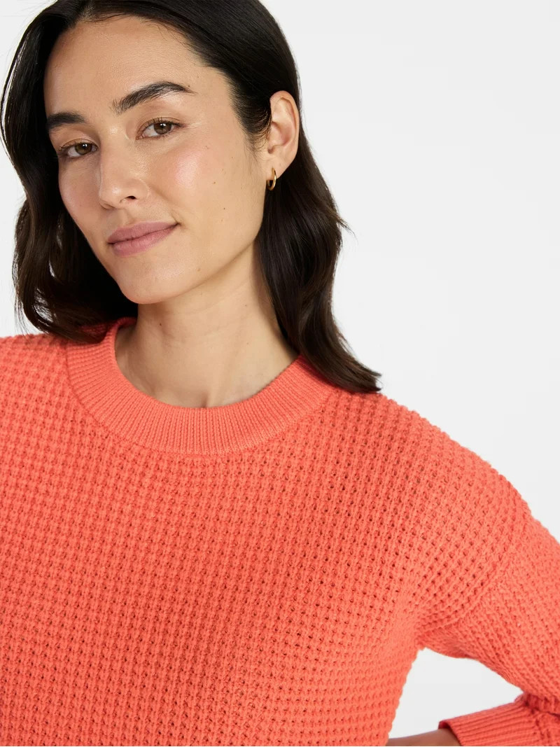 Time and Tru Women's Waffle Stitch Sweater with Long Sleeves, Sizes XS-XXXL | Walmart (US)