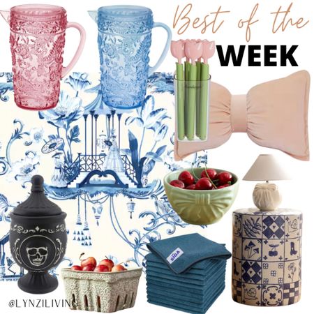 Best of the week - all of the most clicked items of last week 

Home decor finds, home decorations, pretty pitcher, plastic pitcher, pink pitcher, blue pitcher, blue toile wallpaper, Temu finds, black apothecary jar, Halloween jar, green berry basket, green bowl, bow bowl, teal kitchen towels, blue side table, Cottagecore side table, pink bow pillow, bow throw pillow, tulip bag clips, refrigerator magnet 

#LTKHome #LTKFindsUnder100 #LTKFindsUnder50