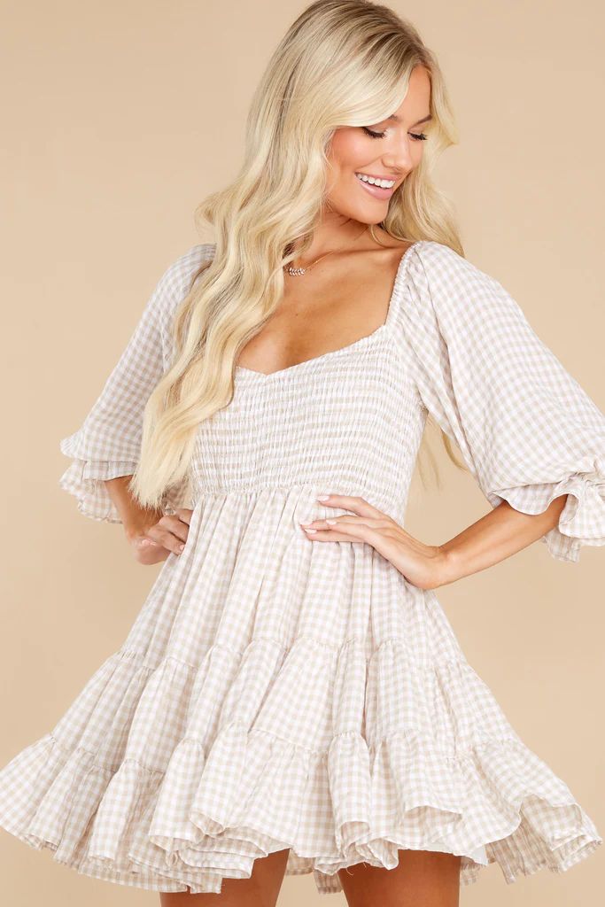 New Sights Taupe Gingham Dress | Red Dress 