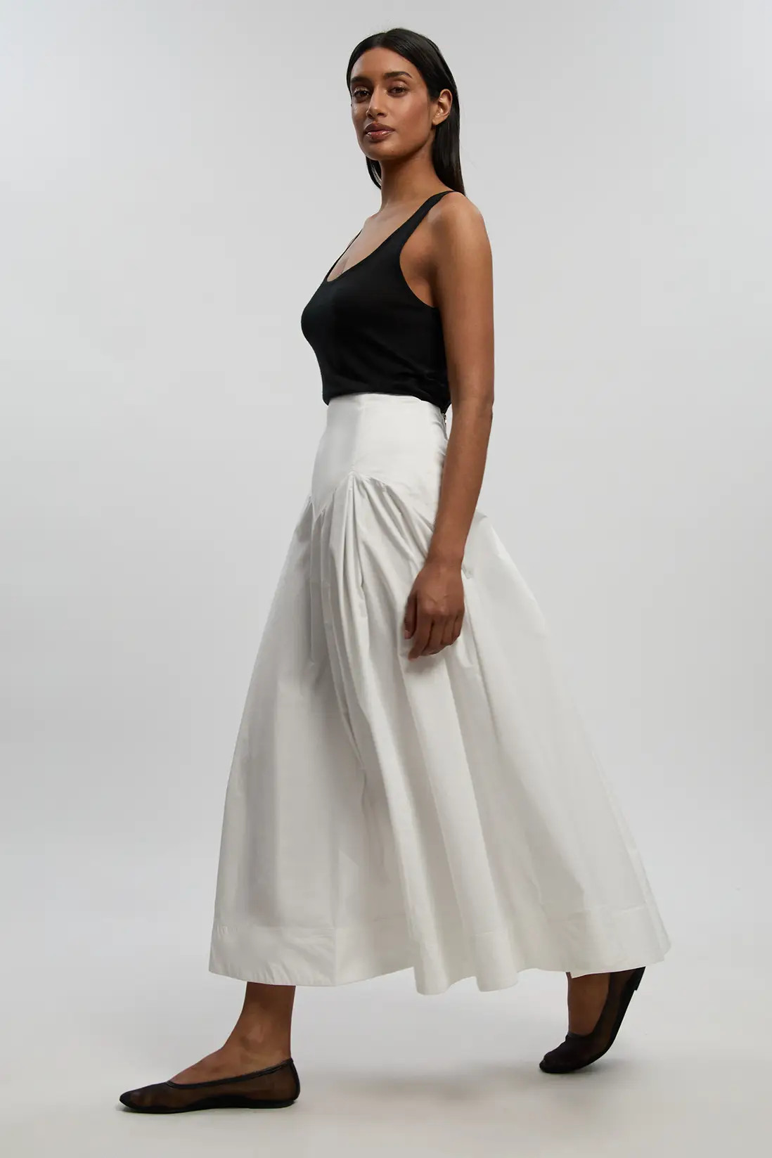 White Cotton Woven Prom Skirt With Dropped Waist Detail | Karen Millen | Karen Millen UK + IE + DE + NL