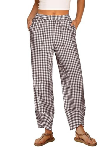 ANRABESS Womens Striped Gingham Pants Summer Lounge Cute PJ Bottom Plaid Pants Casual Wide Leg Beach Trouser with Pockets Brown White Plaid Medium | Amazon (US)