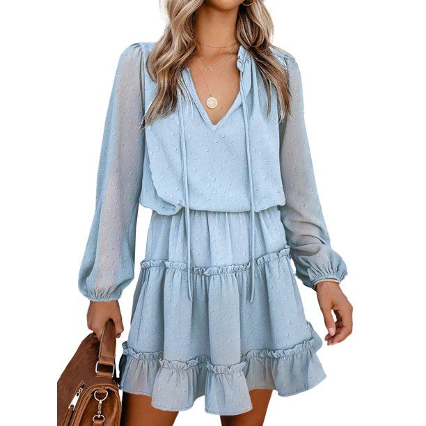 Dokotoo Womens Sky Blue Split V Neck Ruffle Chiffon Mini Short Skirt Dresses Size Medium US 8-10 ... | Walmart (US)