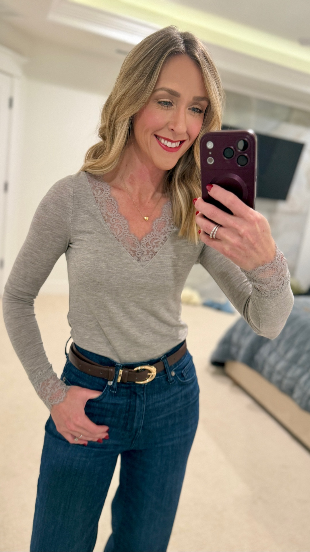 Tonight’s outfit…long sleeve v-neck with lace trim. 50% off. Wearing an XS. Available in this color, black, and a chocolate brown.

#LTKOver40 #LTKFindsUnder50 #LTKHoliday