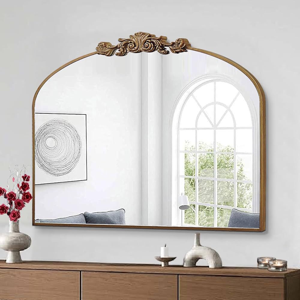 Gold Arched Mirror, 36"x29" Antique Bathroom Mirror with Wooden Frame, Vintage Ornate Baroque Dec... | Amazon (US)