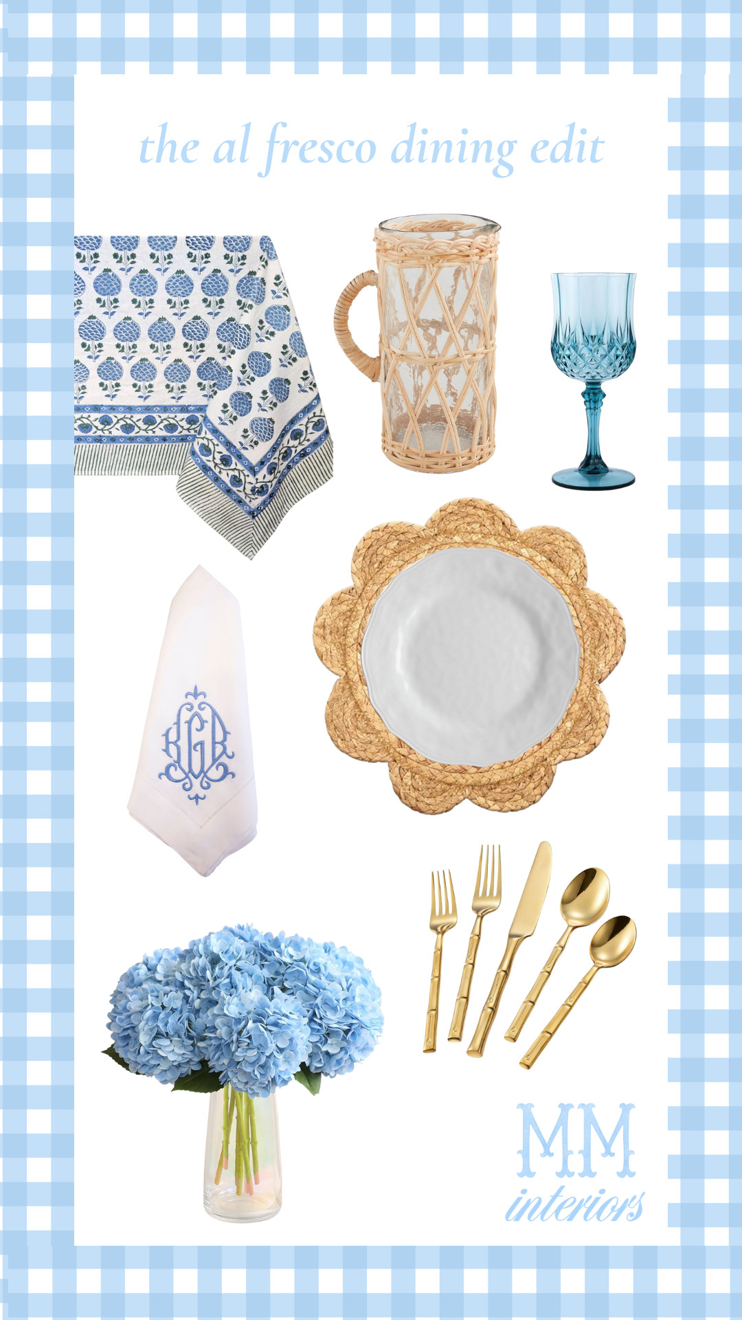 Curated my favorite pieces for effortless summer hosting — from block print tablecloths and scalloped placemats to rattan pitchers, monogrammed napkins, and classic blue hydrangeas. Whether you're planning a backyard brunch or a charming patio dinner, these finds make it easy to set the table in timeless style | summer tablescape, al fresco dining, blue and white decor, outdoor entertaining, Amazon home finds, scalloped placemats, gold bamboo flatware, rattan pitcher, hydrangea centerpiece, monogram napkins, blue goblets, backyard dinner party, timeless table setting, cottagecore table decor, classic summer entertaining 

 #LTKHome #LTKSaleAlert #LTKFindsUnder100