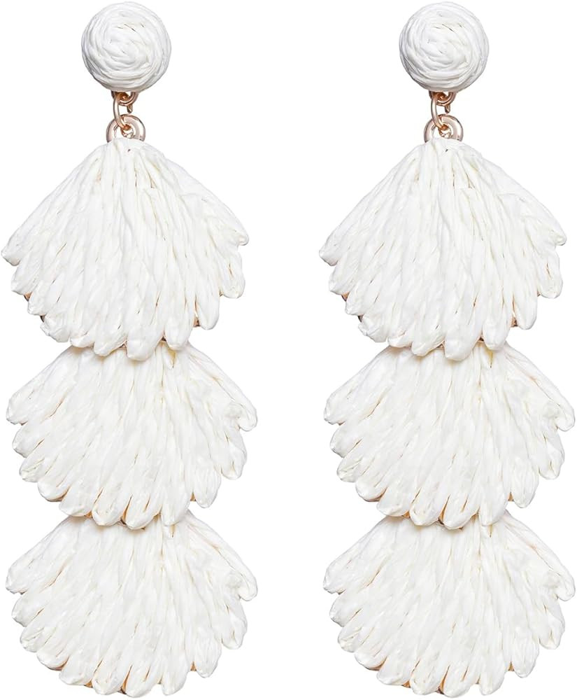 Raffia Dangle Earrings for Women - Boho Statement Rattan Drop Jewelry with Shell Design, Lightwei... | Amazon (US)