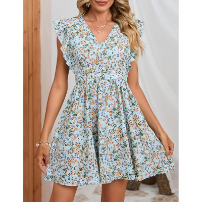 Women's Summer Swing Mini Dress Floral V Neck Short Sleeve Backless A-Line Flare Short Dress Light Blue Floral XXL | Target