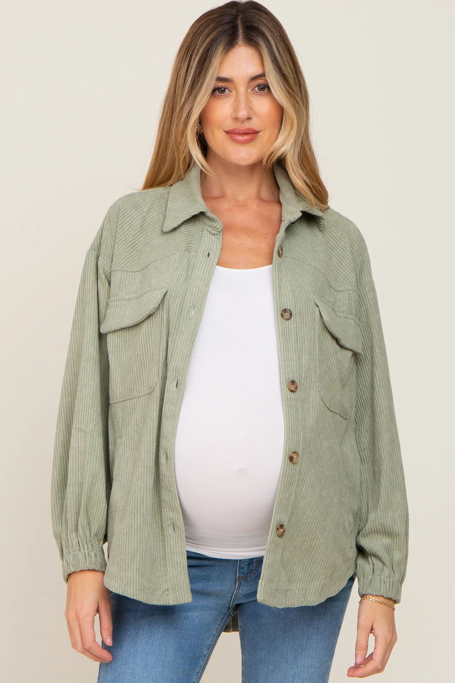 Sage Corduroy Front Pocket Maternity Shacket | PinkBlush Maternity