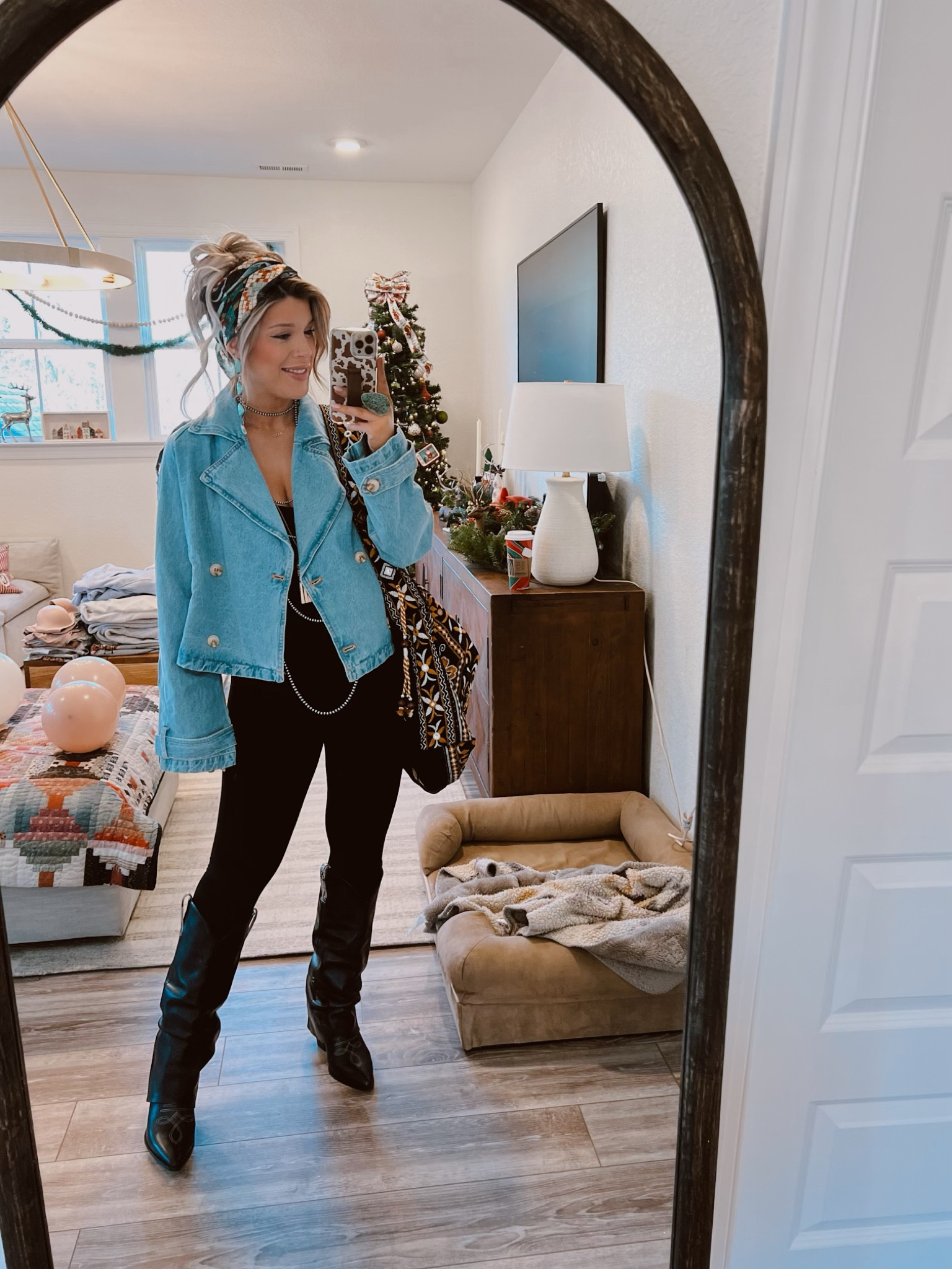 Outfit Details:
Black Jumpsuit -Amazon 
Black Boots- Steve Madden
Biker boots I didn’t wear are old 
Jacket, Sweater & Ring-  western gold boutique 
Scarf Amazon
Earrings & Necklace- Goldie Lee 
Purse- Free People 
