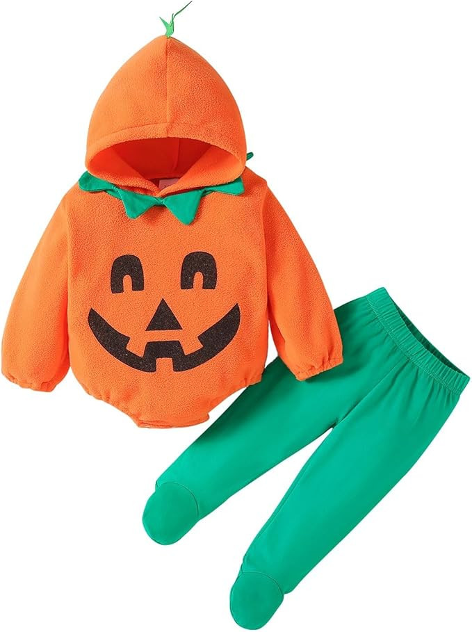2Pcs Newborn Infant Baby Boy Girl Fleece Halloween Pumpkin Costumes Hoodie Romper Onesie Cotton P... | Amazon (US)