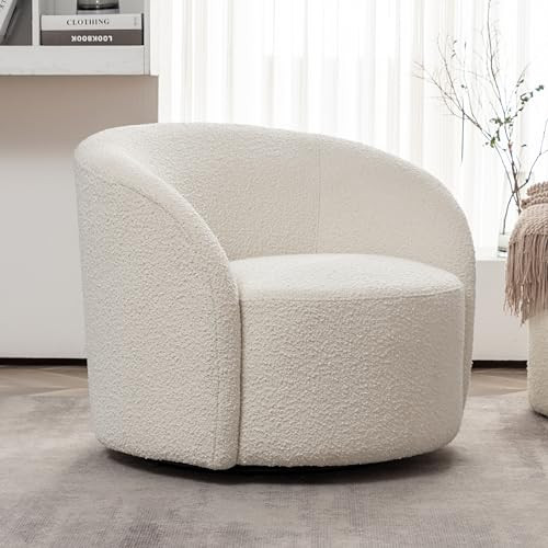 KINWELL 34" W Mid Century Modern Swivel Barrel Chair, Round Upholstered Boucle Swivel Accent Chairs, No Assembly Sofa Chair for Living Room Bedroom Reading Apartment Lounge Nursery(Cream) | Amazon (US)