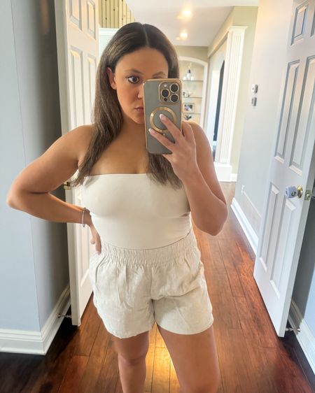 Beige tube top and linen shorts! I sized up to a large for the tube top, it runs small!! Shorts TTS medium. 

Vacation outfit. Beach vacation. Summer outfit. Linen shorts. Old navy outfit. 

#LTKSeasonal #LTKfindsunder100